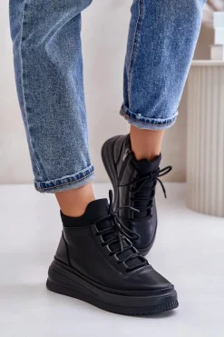 Lekkie Skórzane Buty Sportowe Na Platformie Artiker 55C1041 Czarne