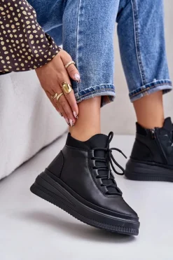 Lekkie Skórzane Buty Sportowe Na Platformie Artiker 55C1041 Czarne