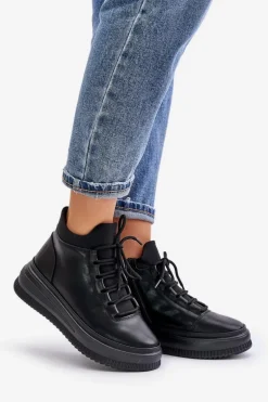 Lekkie Skórzane Buty Sportowe Na Platformie Artiker 55C1041 Czarne