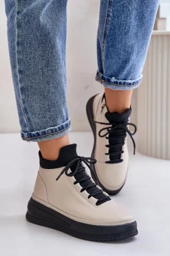 Lekkie Skórzane Buty Sportowe Na Platformie Artiker 55C0554 Beżowe