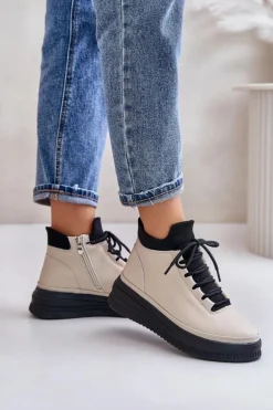 Lekkie Skórzane Buty Sportowe Na Platformie Artiker 55C0554 Beżowe