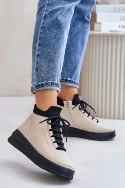 Lekkie Skórzane Buty Sportowe Na Platformie Artiker 55C0554 Beżowe
