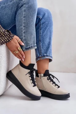 Lekkie Skórzane Buty Sportowe Na Platformie Artiker 55C0554 Beżowe