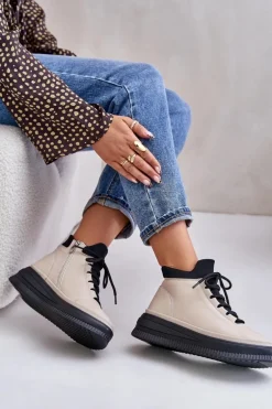 Lekkie Skórzane Buty Sportowe Na Platformie Artiker 55C0554 Beżowe