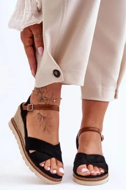 Lekkie Zamszowe Sandały Na Koturnie Czarne Celine