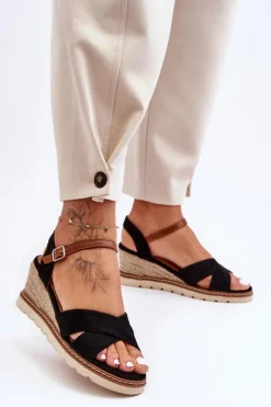 Lekkie Zamszowe Sandały Na Koturnie Czarne Celine