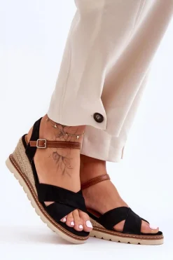 Lekkie Zamszowe Sandały Na Koturnie Czarne Celine