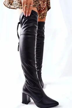 Lewski Skórzane Kozaki na Słupku Czarne Karo