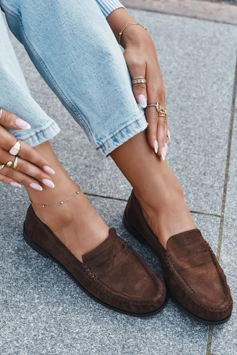 Loafersy Damskie Na Płaskim Obcasie Z Eko Zamszu Brązowe Rivianne