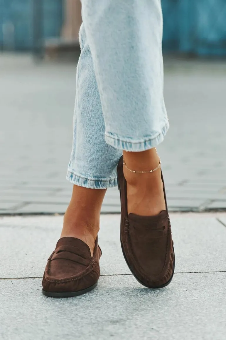 Loafersy Damskie Na Płaskim Obcasie Z Eko Zamszu Brązowe Rivianne