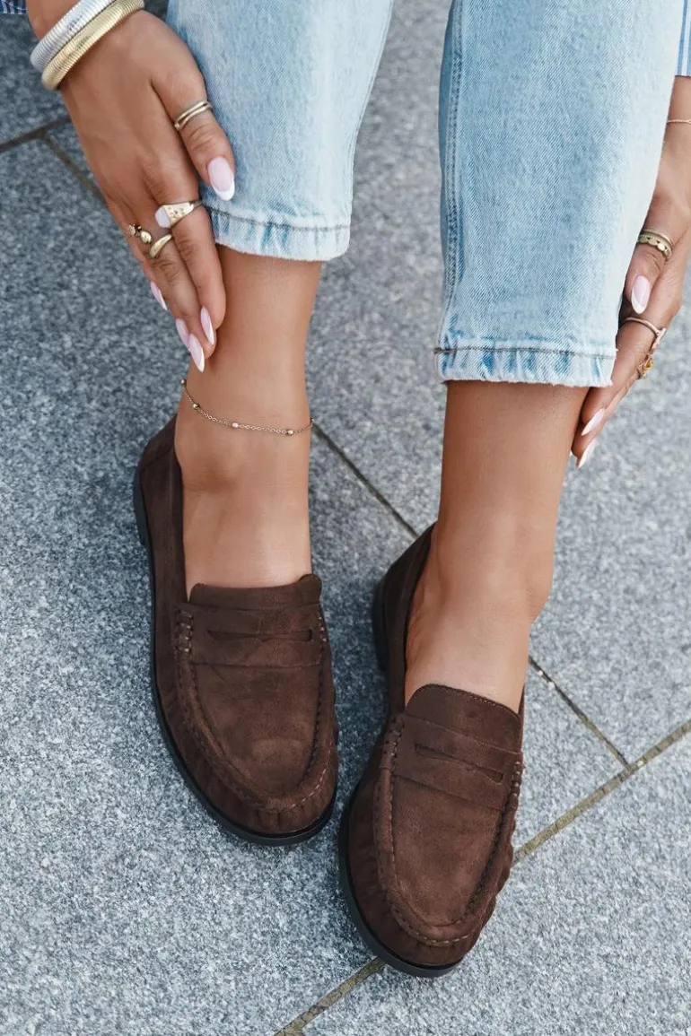 Loafersy Damskie Na Płaskim Obcasie Z Eko Zamszu Brązowe Rivianne