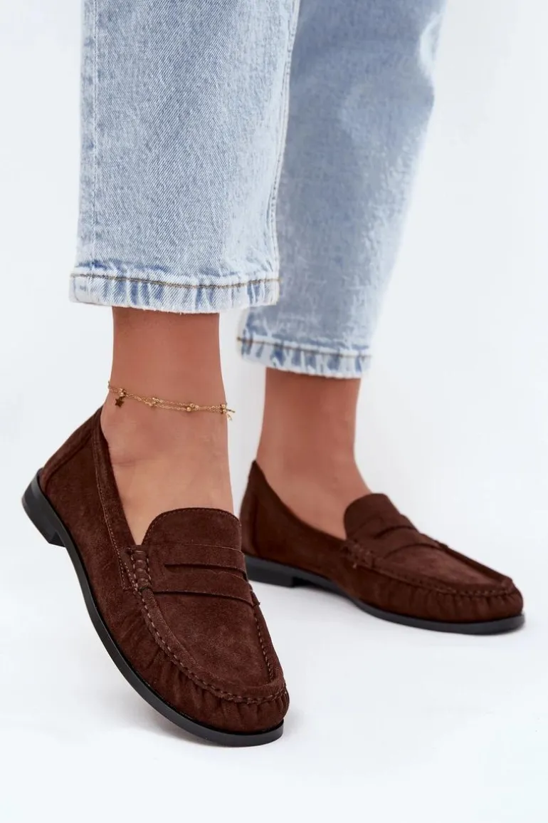 Loafersy Damskie Na Płaskim Obcasie Z Eko Zamszu Brązowe Rivianne