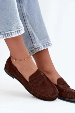 Loafersy Damskie Na Płaskim Obcasie Z Eko Zamszu Brązowe Rivianne
