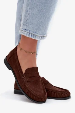 Loafersy Damskie Na Płaskim Obcasie Z Eko Zamszu Brązowe Rivianne
