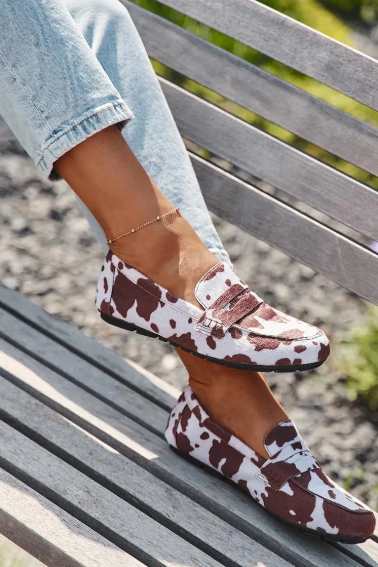 Loafersy Mokasyny Damskie Płaskie W Łaty Brązowo-Białe Roseline