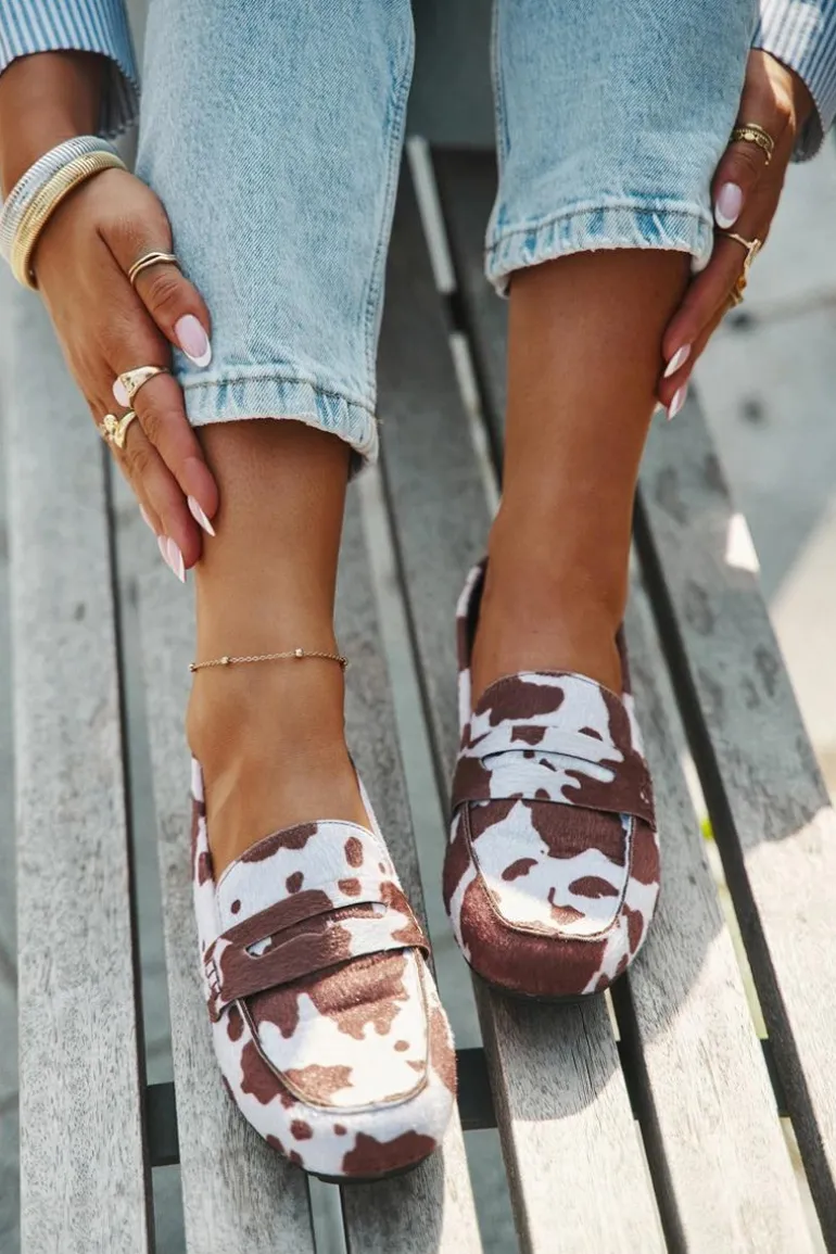 Loafersy Mokasyny Damskie Płaskie W Łaty Brązowo-Białe Roseline