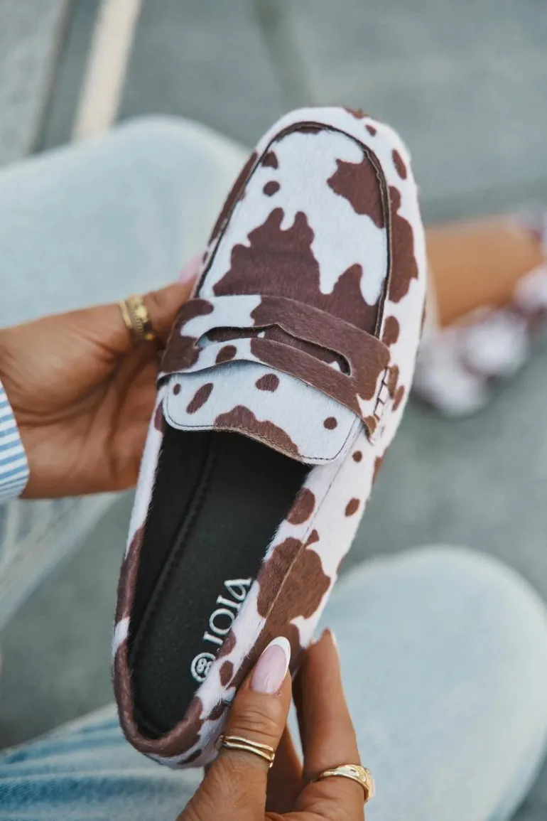 Loafersy Mokasyny Damskie Płaskie W Łaty Brązowo-Białe Roseline