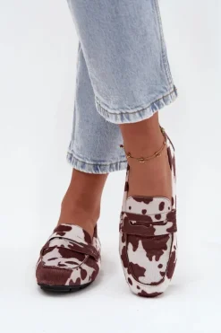 Loafersy Mokasyny Damskie Płaskie W Łaty Brązowo-Białe Roseline