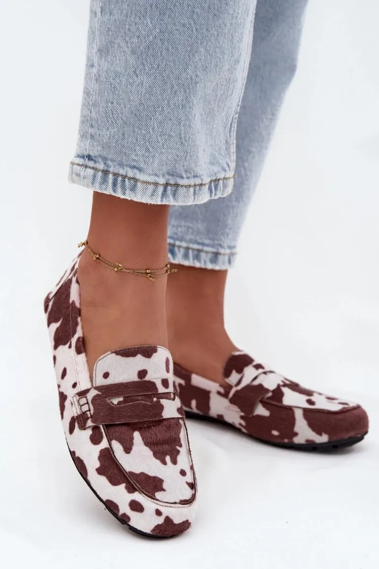 Loafersy Mokasyny Damskie Płaskie W Łaty Brązowo-Białe Roseline