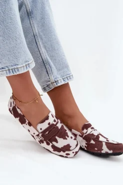 Loafersy Mokasyny Damskie Płaskie W Łaty Brązowo-Białe Roseline