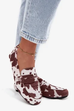 Loafersy Mokasyny Damskie Płaskie W Łaty Brązowo-Białe Roseline