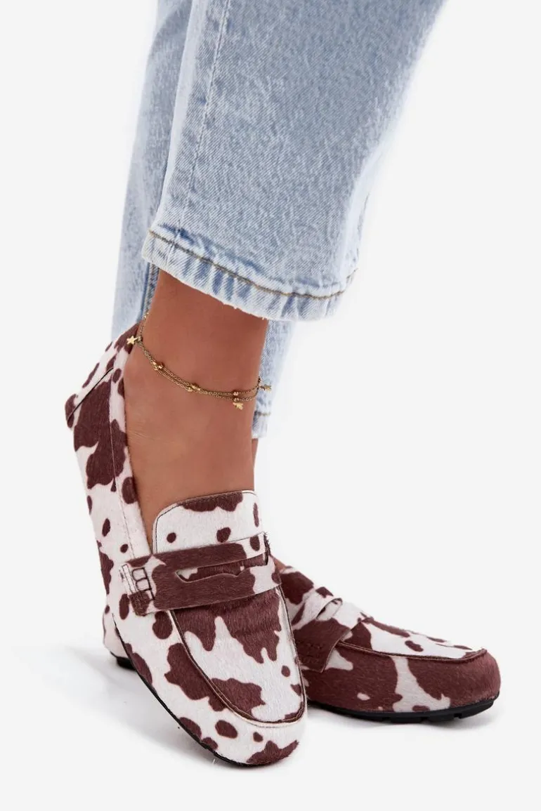 Loafersy Mokasyny Damskie Płaskie W Łaty Brązowo-Białe Roseline