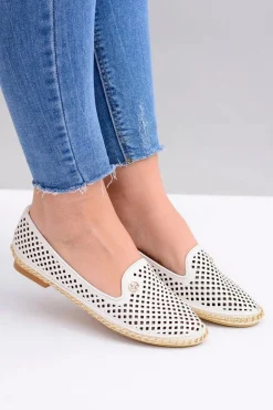 Lu Boo | Białe Ażurowe Balerinki Lordsy Stylish