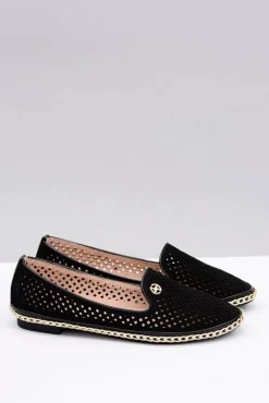 Lu Boo | Czarne Ażurowe Balerinki Lordsy Stylish