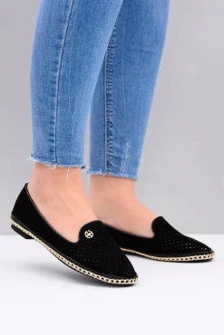 Lu Boo | Czarne Ażurowe Balerinki Lordsy Stylish