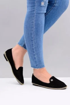 Lu Boo | Czarne Ażurowe Balerinki Lordsy Stylish