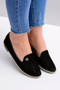 Lu Boo | Czarne Ażurowe Balerinki Lordsy Stylish