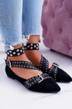 Lu Boo | Czarne Baleriny Paski Nity W Szpic Esteria