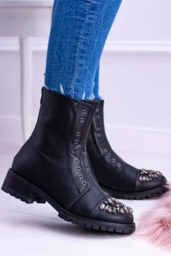 Lu Boo | Czarne Damskie Botki Za Kostkę z Cyrkoniami Carrie