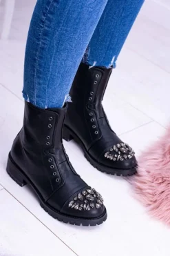 Lu Boo | Czarne Damskie Botki Za Kostkę z Cyrkoniami Carrie