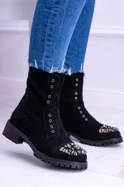 Lu Boo | Czarne Damskie Botki Za Kostkę Cyrkonie Zamsz Carrie