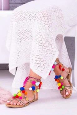 Lu Boo | Kolorowe Sandałki Pompony Rzymianki Gladiatorki