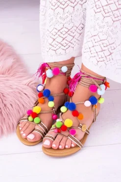 Lu Boo | Kolorowe Sandałki Pompony Rzymianki Gladiatorki