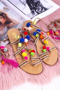 Lu Boo | Kolorowe Sandałki Pompony Rzymianki Gladiatorki