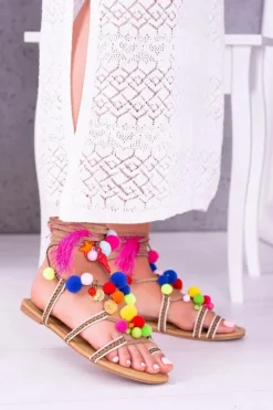 Lu Boo | Kolorowe Sandałki Pompony Rzymianki Gladiatorki