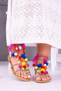 Lu Boo | Kolorowe Sandałki Pompony Rzymianki Gladiatorki