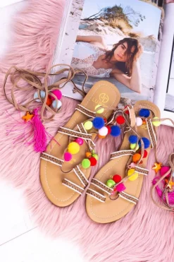 Lu Boo | Kolorowe Sandałki Pompony Rzymianki Gladiatorki