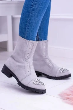 Lu Boo | Szare Damskie Botki Za Kostkę z Cyrkoniami Carrie