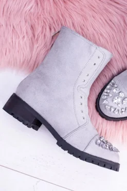 Lu Boo | Szare Damskie Botki Za Kostkę z Cyrkoniami Carrie