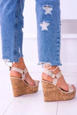 Lu Boo Beżowe Damskie Sandały Na Koturnie Ćwieki Valeria