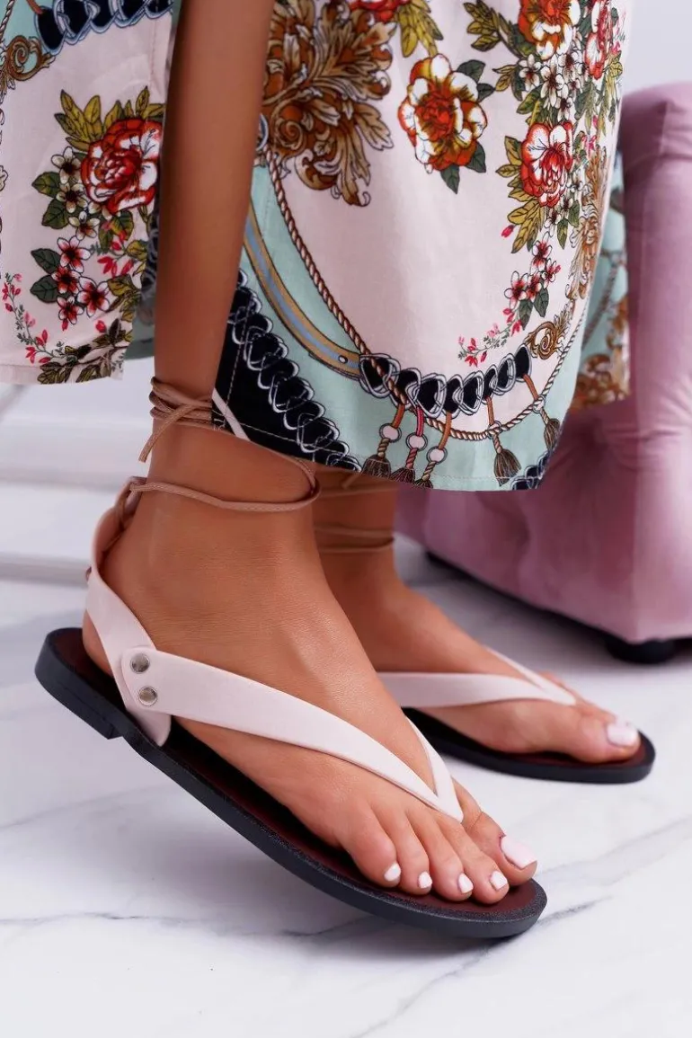 Lu Boo Beżowe Wiązane Sandały Japonki Meliski Florence