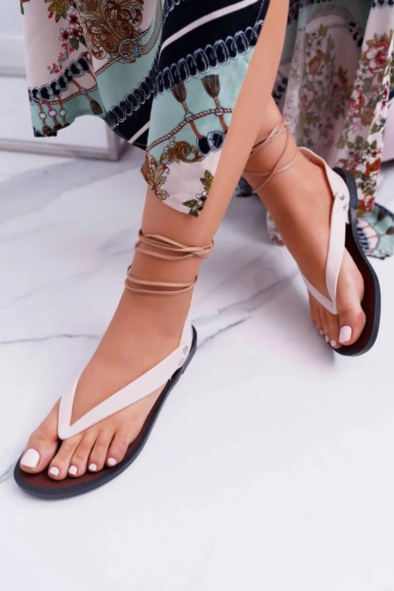 Lu Boo Beżowe Wiązane Sandały Japonki Meliski Florence