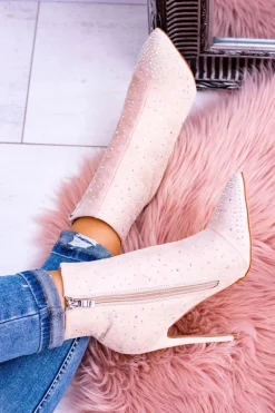 Lu Boo Beżowe Wysokie Zamszowe Botki na Szpilce Cyrkonie Cubano