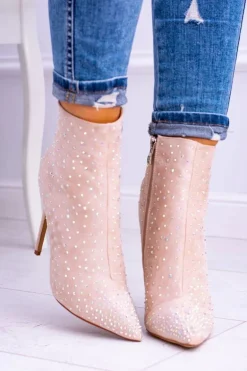 Lu Boo Beżowe Wysokie Zamszowe Botki na Szpilce Cyrkonie Cubano