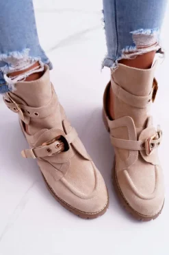 Lu Boo Beżowe Zamszowe Botki Z Wycięciami Rock Girl