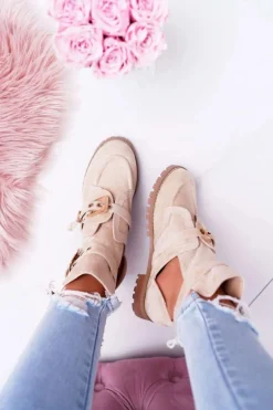 Lu Boo Beżowe Zamszowe Botki Z Wycięciami Rock Girl